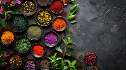 close up image of different spices and herbs on a dark surface with copy space on the side, view from above. Generative AI - Powered by Adobe