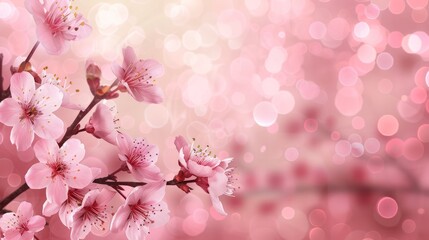 cherry blossom branches, bokeh pink background, space for text