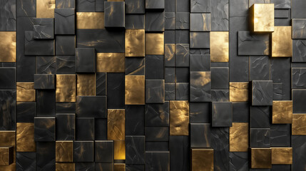 Abstract Luxurious Geometry: Metallic Gold and Black Rectangular Blocks, Randomly Layered, 3D...