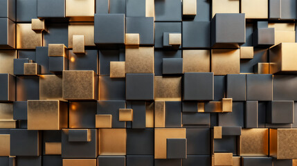 Abstract Luxurious Geometry: Metallic Gold and Black Rectangular Blocks, Randomly Layered, 3D Digital Render for Background or Interior Wall Design