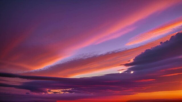 A symphony of colors unfolds in the heavens, captured in a stunning time lapse as the sun dips below the horizon, igniting clouds in a riot of hues.
