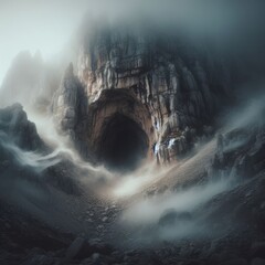 A hidden cave entrance shrouded in mist at the base of a rugged mountain
 - obrazy, fototapety, plakaty