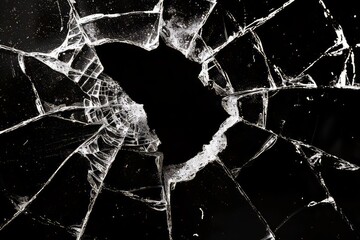 Black and white portrait of broken glass with cracks and an empty center area, broken glass texture, design material, and empty space.  Created with Generative AI.