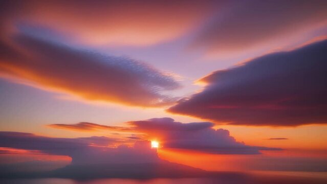 Vivid hues dance as the sun bids adieu, painting the sky in a mesmerizing time lapse of swirling clouds and vibrant colors.
