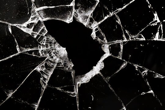 Black and white portrait of broken glass with cracks and an empty center area, broken glass texture, design material, and empty space.  Created with Generative AI.