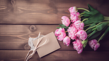 bouquet of pink tulips and gift box. Tender minimalistic spring flowers composition isolated. International Women's Day, Mother's day