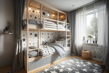 Children's gray and white bedroom with bunk bed with white ladder and drawers underneath. Ai generated - obrazy, fototapety, plakaty