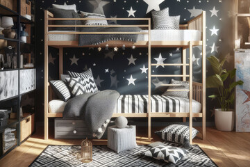 Children's gray and white bedroom with bunk bed with white ladder and drawers underneath. Ai generated