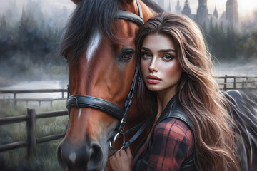 A beautiful young woman with long brown hair stands next to a brown horse. They are standing in front of the castle. AI generated