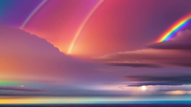 A captivating time lapse unveils the dynamic dance of azure skies, billowing clouds, and a radiant rainbow painting the heavens.
