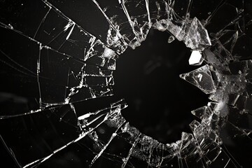 Black and white portrait of broken glass with cracks and an empty center area, broken glass texture, design material, and empty space.  Created with Generative AI. - obrazy, fototapety, plakaty