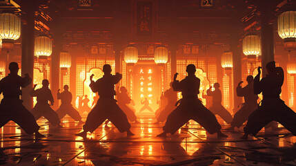 silhouette of a group of people practicing martial arts in a dojo - obrazy, fototapety, plakaty