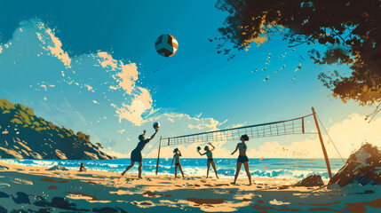silhouette of a group of friends playing beach volleyball