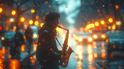 silhouette of a musician playing a saxophone on a city street at night - obrazy, fototapety, plakaty