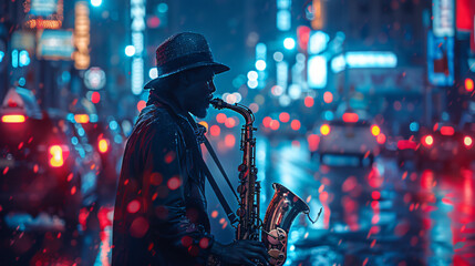 silhouette of a musician playing a saxophone on a city street at night