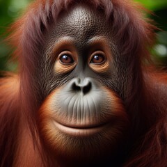 An adult female Bornean orangutan fills frame in close-up portrait
