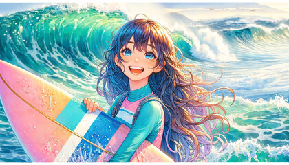 サーフィンを楽しむ女の子, アニメ風
