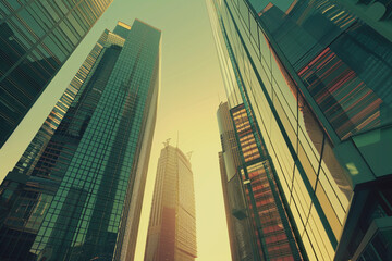 Toned image of modern office buildings and sky scrapers in central of the city realistic image - obrazy, fototapety, plakaty