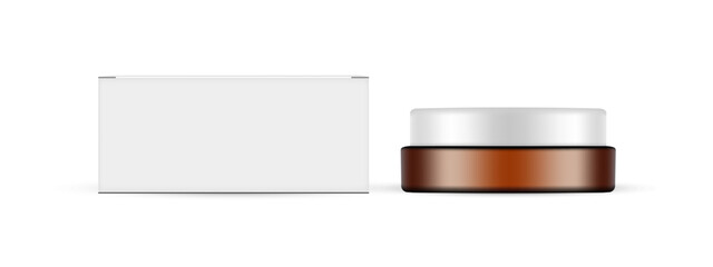 Amber Cream Jar Mockup With Paper Packaging Box, Front View. Vector Illustration
