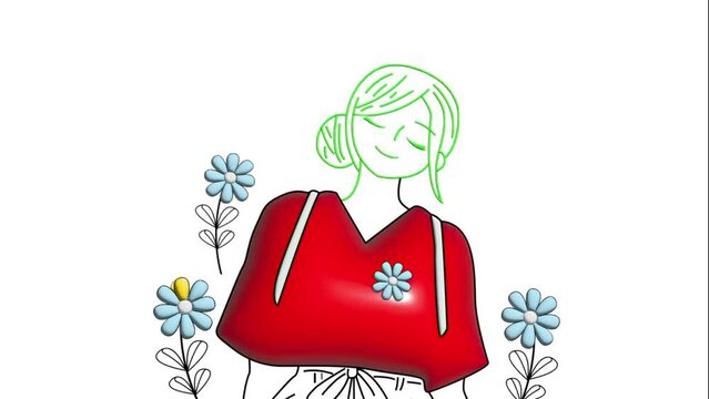 Hand-Drawn Illustration of Woman with Red Shirt and Flowers