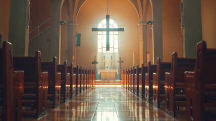 Peaceful Church Interior, Focused Wooden Cross, Receding Pews, Altar Background, Large Wall Crucifix, Stained Glass Window Light Ambiance, Quiet Reverent Worship House Atmosphere.