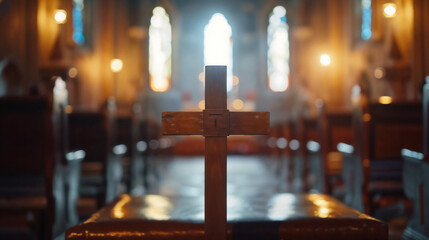 Peaceful Church Interior, Focused Wooden Cross, Receding Pews, Altar Background, Large Wall Crucifix, Stained Glass Window Light Ambiance, Quiet Reverent Worship House Atmosphere. - obrazy, fototapety, plakaty