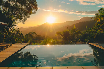 a sunrise with sun over a pool in front a mountain