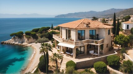 Aerial sdrone shot of a mediterranean vacation house near a beach from Generative AI