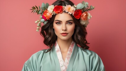 Beautiful young asian woman on kimomo outfit with flower crown on pastel plain red background from Generative AI