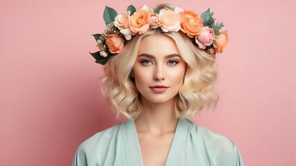 Beautiful young blonde woman on kimomo outfit with flower crown on pastel plain pink background from Generative AI