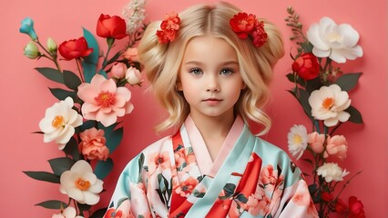 Obraz na płótnie Canvas Beautiful young blonde kid girl on kimomo outfit with flowers on hair on pastel plain red background from Generative AI