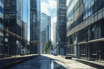 Toned image of modern office buildings and sky scrapers in central of the city realistic image - obrazy, fototapety, plakaty