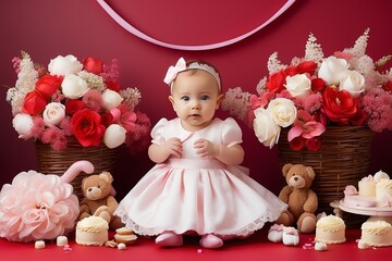 Fototapeta premium christening theme for baby girl in plain red background from Generative AI