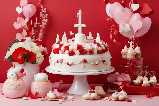 christening theme for baby girl in plain red background from Generative AI