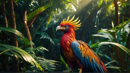 Close up shot of a mythical phoenix bird on jungle forest background with rays of sunlight from Generative AI