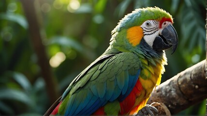 Fototapeta premium Close up shot of a parrot bird on jungle forest background with rays of sunlight from Generative AI