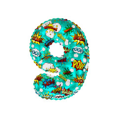 3D Helium Balloon Number 9 with Action Comic Cartoon words Colorful Texture