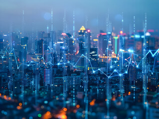 Futuristic city skyline overlaid with digital financial graphs, representing economic growth and data analysis. - obrazy, fototapety, plakaty