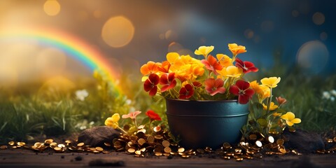 St Patricks Daythemed banner featuring a pot of gold clover leaves and a rainbow. Concept St Patrick's Day, Pot of Gold, Clover Leaves, Rainbow, Banner - obrazy, fototapety, plakaty