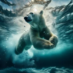 Gordijnen An underwater view captures a polar bear swimming gracefully through icy waters  © robfolio