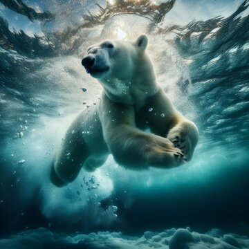 An underwater view captures a polar bear swimming gracefully through icy waters
