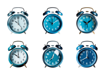 Collection of blue alarm clock isolated on a transparent background, PNG