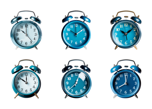 Collection of blue alarm clock isolated on a transparent background, PNG