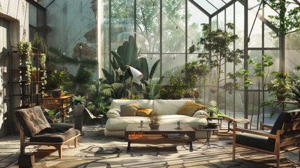 Surreal Biophilic Living Room with Integrated Greenhouse, Blurring Indoor and Outdoor Spaces