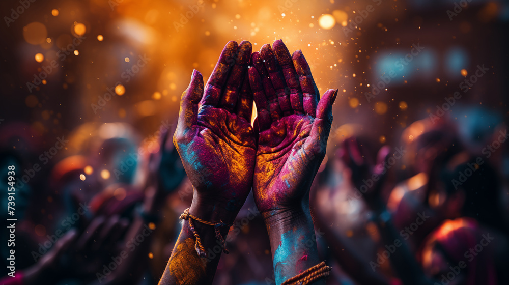 Wall mural colorful hands in the air during holi festival