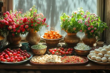 A table with bright bouquets of flowers and assorted traditional foods on a windowsill.