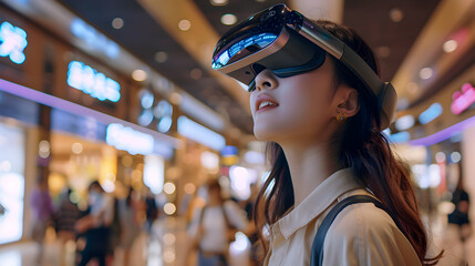A young woman engages in a virtual reality experience, exploring a digital shopping mall with a VR headset. - obrazy, fototapety, plakaty