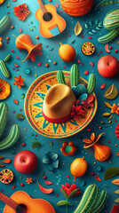 Fototapeta na wymiar Happy Cinco de Mayo. Colorful holiday banner with Mexican sombrero, flowers and cacti. Vertical banner, tiktok or instastory background