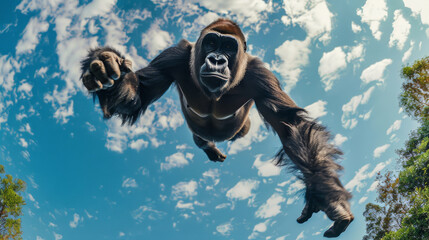 Gorilla jumping down against a blue sky. Animal in the air in motion