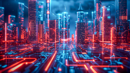 Fototapeta premium Neon lights trace the intricate circuit patterns of a futuristic cityscape.